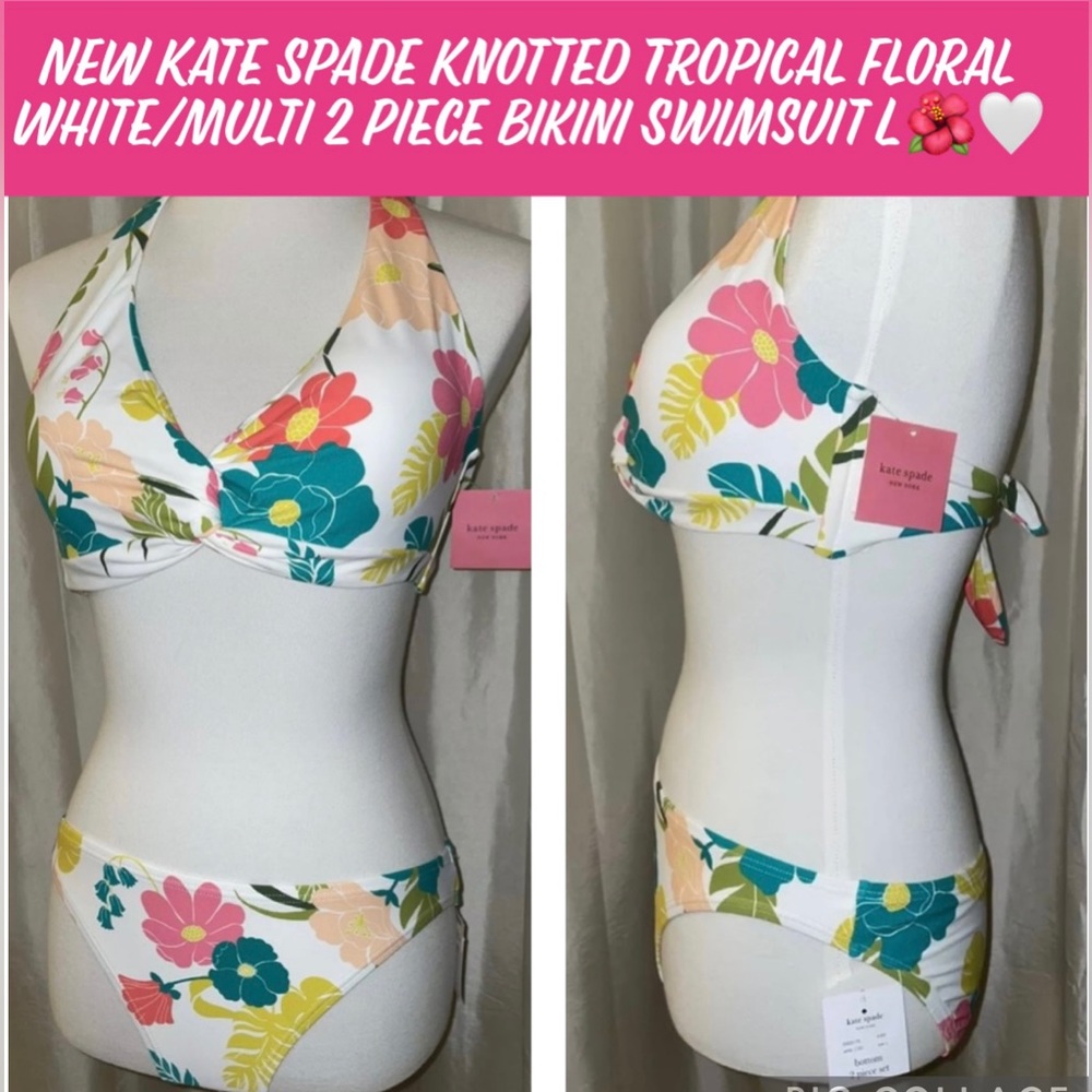 🎉HP🎉New! Kate Spade Tropical Floral White/Multi 2 Piece Bikini Swimsuit L🌺🤍